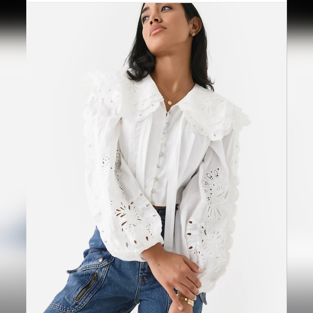 FARM RIO Richelieu Big Collar Off White Battenberg Lace Blouse M RARE SRP $240 - Picture 5 of 16